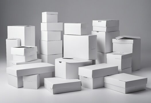 Collection of white empty carton boxes isolated on white background