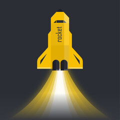 Vector illustration of an orange rocket launch with jet stream on a dark background, symbolizing rapid growth and development, for your design and business