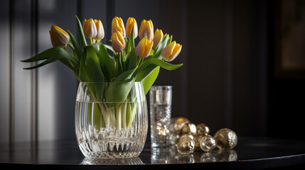 cinematic charm of an elegant tulip bouquet arranged in a crystal vase