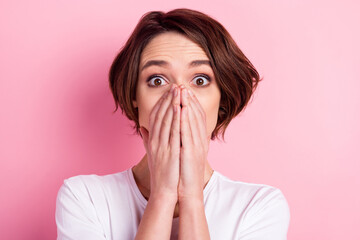 Photo portrait of woman with bob hairstyle frustrated staring stressed covered mouth isolated...