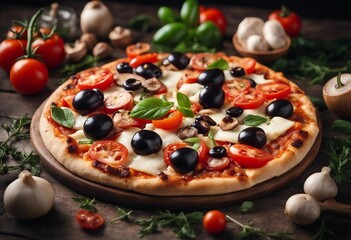 Delicious vegetarian pizza with champignon mushrooms tomatoes mozzarella peppers and black olives cu