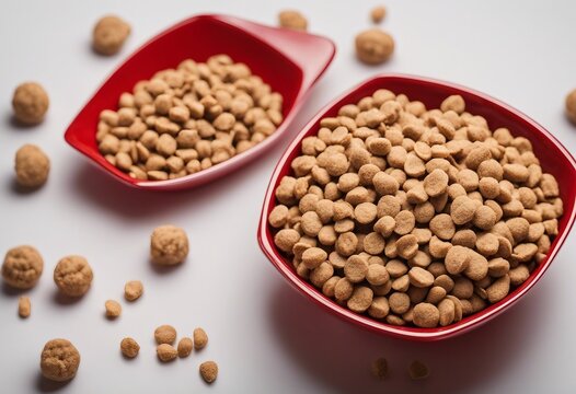 Dry cat food in a red bowl isolated on white background