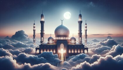 a domed mosque rising above fluffy white clouds against a clear blue sky - obrazy, fototapety, plakaty