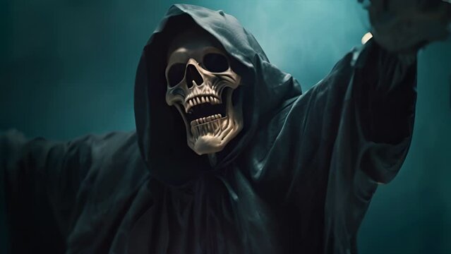 Halloween Grim Reaper reaching for the camera over a dark background with copy space.