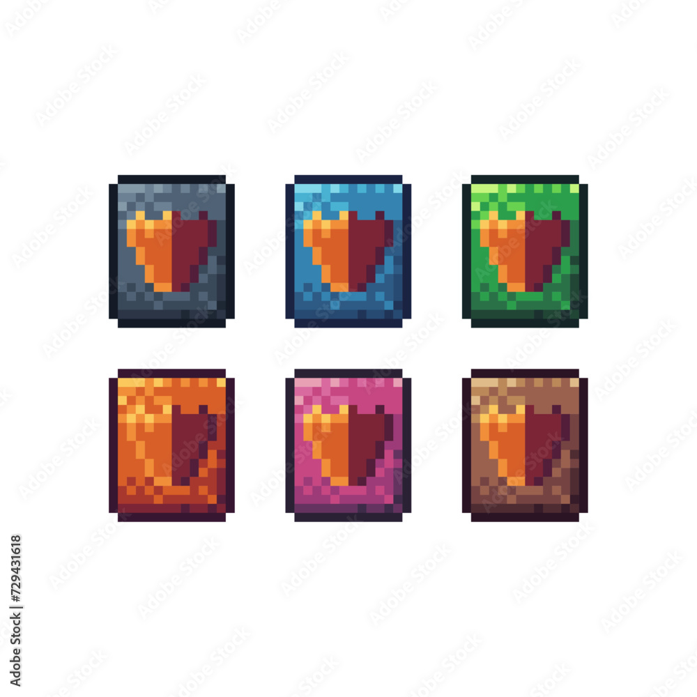 Poster pixel art sets icons of book of shield sign variations in color.shield book icon in pixelated style.