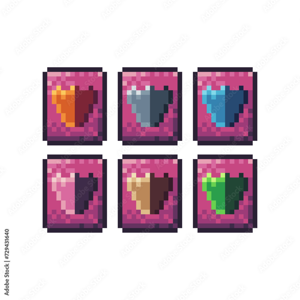 Poster pixel art sets icons of book of shield sign variations in color.shield book icon in pixelated style.