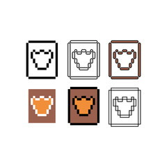 Pixel art outline sets icons of book of shield sign variations in color.Shield book icon in pixelated style. 8-bit Illustration,for design asset elements, game UIs, and mobile apps icon collection.