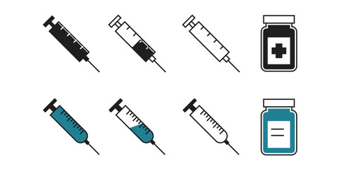 set of syringes for injecting with vaccines, medicine bottles. Vector illustration