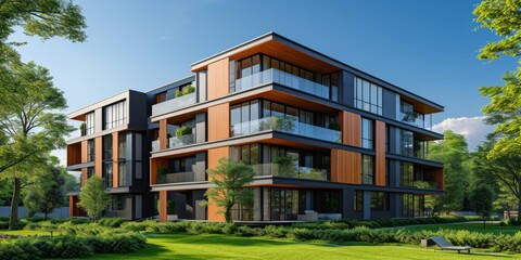 3D Rendering Of A Modern Apartment Building Against A Backdrop Of Green Trees And Blue Sky. Сoncept Modern Architecture, 3D Rendering, Apartment Building, Green Trees, Blue Sky