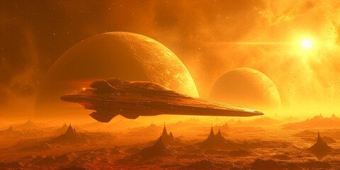 3D Rendering Of Futuristic Alien Planet With Two Spaceships In Flight. Сoncept Futuristic Alien Planet, 3D Rendering, Spaceships In Flight