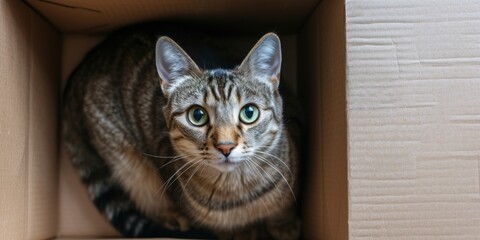 A Feline Finds Bliss In An Unoccupied Cardboard Box In A Fresh Abode. Сoncept Cat In A Cardboard Box, New Home, Feline Bliss, Cozy Retreat, Kitty Playtime