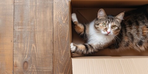 A Cat Enjoys The Comfort Of An Empty Cardboard Box In A New Home. Сoncept Kitty In A Box, New Home Comforts, Feline Hideaway, Cozy Cardboard, Adorable Cat Moments