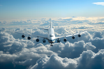 Traveling ad. A plane above the clouds. Tourism. Blue sky, white clouds and boeing plane