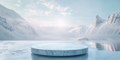 Chilling Mountain Landscape Frames Frozen Podium In Icy Setting. Сoncept Dramatic Ocean Sunsets, Urban Street Art, Serene Forest Retreats, Cultural Festivals