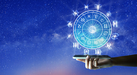 Astrological zodiac signs inside of horoscope circle on Mobile Technology. Astrology, knowledge of...