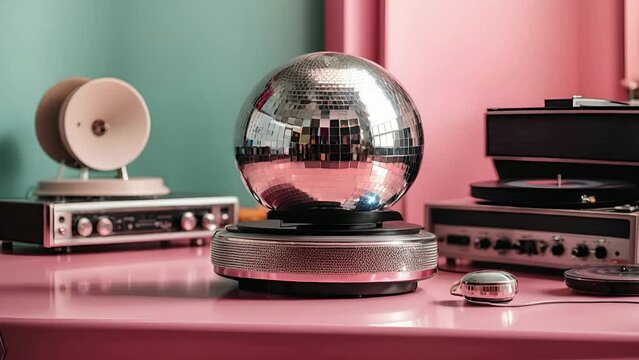  Shiny silver disco ball placed near vintage vinyl player.70s, 80s, 90s retro disco.Retro pop. 4K video. Generative AI