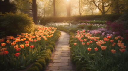tulip-lined garden path during the golden hour