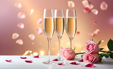 Three champagne glasses on a minimalist backdrop, rose petals subtly scattered in the background suggesting a romantic theme. Generative AI