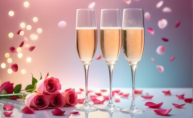 Three champagne glasses on a minimalist backdrop, rose petals subtly scattered in the background suggesting a romantic theme. Generative AI