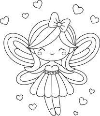 Cute fairy with heart coloring page. Valentine illustration coloring page