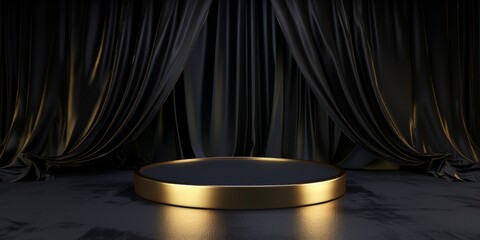 Abstract Black And Gold Podium Set Against A Luxurious Silk Backdrop. Сoncept Luxury Event Decor, Elegant Stage Design, Opulent Event Setup, Glamorous Podium, Silk Backdrop