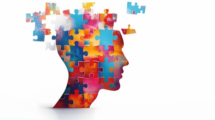 A conceptual image depicting a human head in profile view, seamlessly integrated with jigsaw puzzle pieces, symbolizing cognitive psychology, mental health, problem-solving, and brain function.
