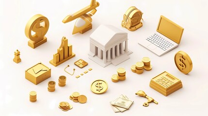 3d finance and business icons set. Concept of money, stock exchange, business investment, trade and finance. 3d rendering - obrazy, fototapety, plakaty