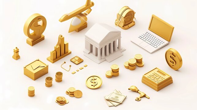 3d finance and business icons set. Concept of money, stock exchange, business investment, trade and finance. 3d rendering