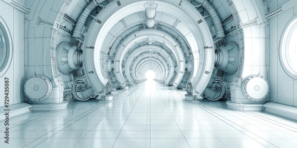 Poster into the future: a seamless sci-fi corridor rendering, evoking the advanced architectural design of 