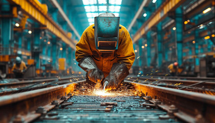 Proffessional welder at work. Handymen performing welding and grinding at their workplace in the workshop, while the sparks "fly" all around them, they wear a protective helmet and equipment. 