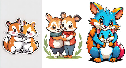 vector illustration, two funny hugging animals surrounded by hearts and decorations, congratulations from friends, children's drawing,
