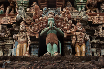 Close up view of an oldest Hanuman temple gopuram, Tanjavur, Tamil Nadu, India