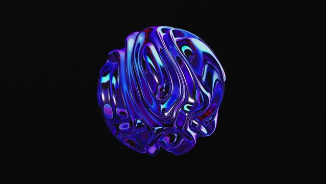 Animated holographic synthetic liquid curved ball on a dark background. 3D abstract hypnotic rainbow laser wavy sphere blue color looped. 4k time loop isolated on black background.
