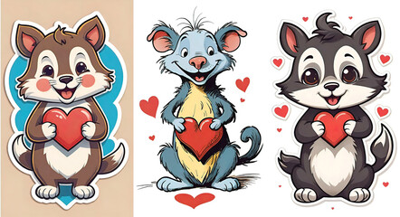 vector illustration, cheerful funny animal surrounded by hearts, Happy Valentine's Day greetings, greetings for children, sticker, background for smartphone or shorts, children's book illustration,