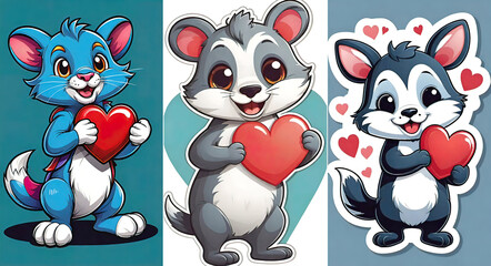 Naklejka premium vector illustration, cheerful funny animal surrounded by hearts, Happy Valentine's Day greetings, greetings for children, sticker, background for smartphone or shorts, children's book illustration,