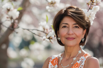Middle aged Hispanic woman in spring blossoms. Spring portrait