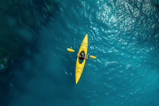 Aerial view of a kayak in the blue water. Kayaking top view. Kayaker in the yellow kayak paddling on the sea.