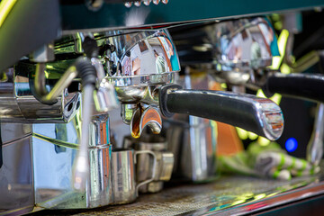 Barista coffee service concept.Barista women using coffee machine to make coffee in cafe