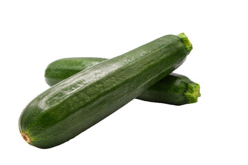 Front view of two zucchini isolated on a cut out PNG transparent background