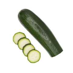 Top view of a cut zucchini next to sliced zucchini on a clipped PNG transparent background