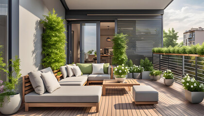 Beautiful modern terrace with wooden floor, green flowers in pots and garden furniture, Cozy sitting area in the backyard of the house, Sunny stylish terrace-balcony in the city, - obrazy, fototapety, plakaty