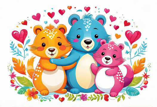 vector illustration, two funny hugging animals surrounded by hearts and decorations, congratulations from friends, children's drawing,