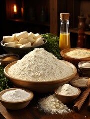 Pile of fresh flour with dairy products and herbs for baking on a kitchen table