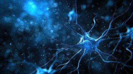 Abstract blue-coloured neuron cells in the brain on an artistic blurry cyberspace background - obrazy, fototapety, plakaty