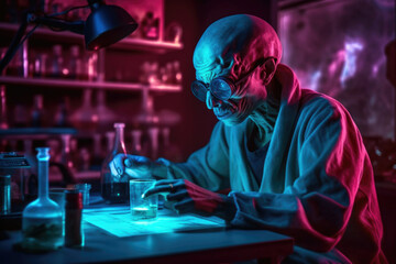 Alien scientist in glasses in laboratory studies chemical elements, viruses, bacteria. Purple and lilac neon. Test tubes with chemicals and poisons. Concept of education, science, experiment, UFO