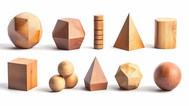 collection of realistic basic geometric 3d Shapes in top and front view. Three-dimensional objects, on an isolated white background.