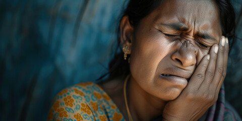 Adult Inidan woman mature lady pressing sore cheek, suffer acute toothache, periodontal disease, cavities or jaw pain almost crying with pain ache