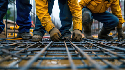 Construction workers are tying structural steel in the construction site - obrazy, fototapety, plakaty