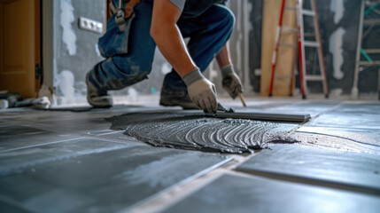 A technician laying floor tiles in a renovated house - obrazy, fototapety, plakaty