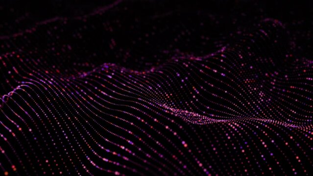 Glowing lines consisting of points on the surface of waves. Abstract concept of artificial intelligence (AI), sound waves or big data analysis. 4K looped video of 3D digital waves on black background
